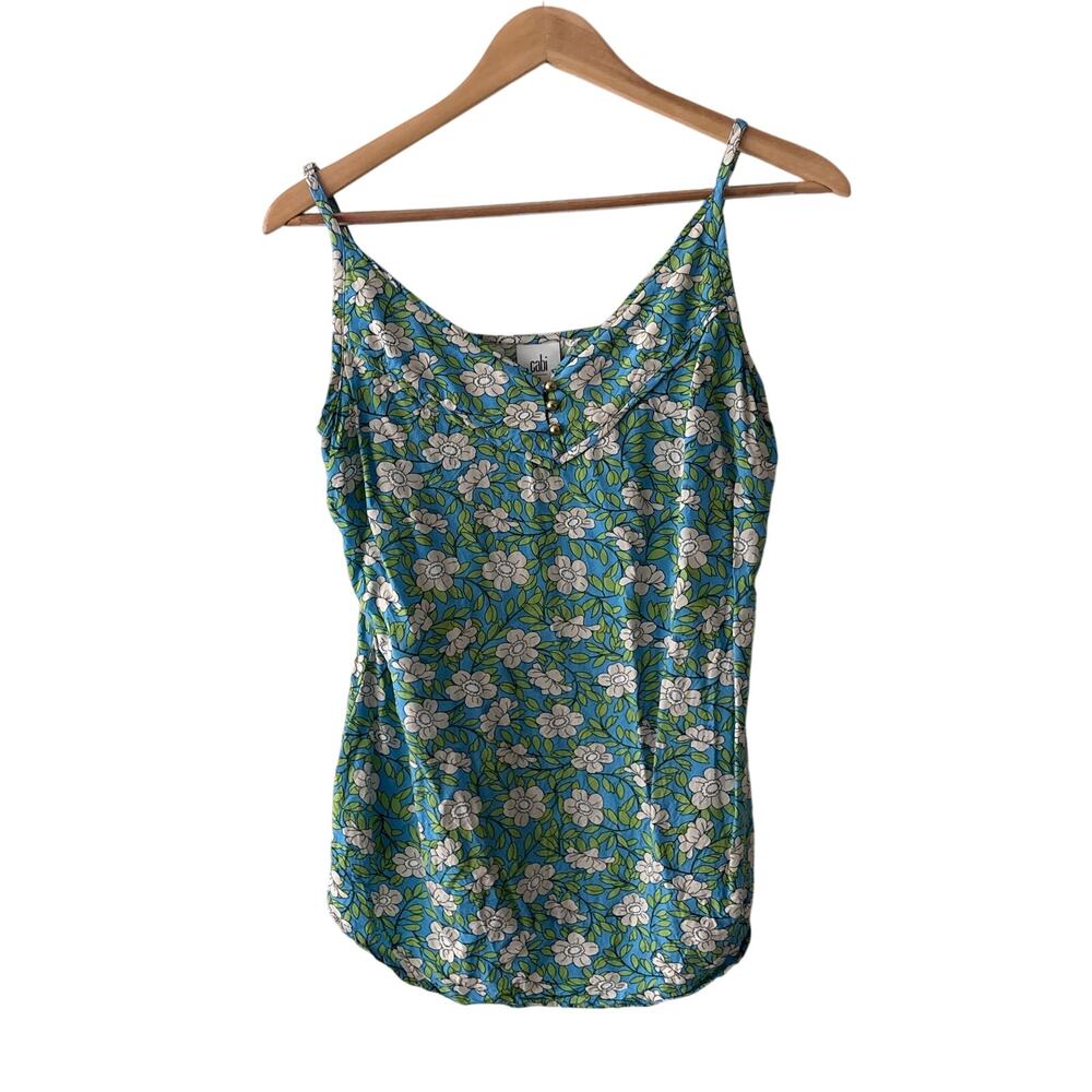 cabi Blue Floral Camisole Tank Top Size S Rayon Gold Button V Neck Cottagecore